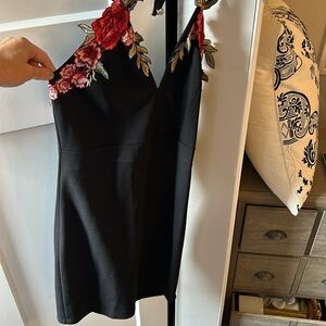 Rosette Embroidery Black Dress - Size L